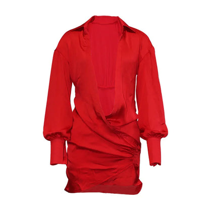 Robe Chemise Courte Femme – Col V et Manches Lanterne