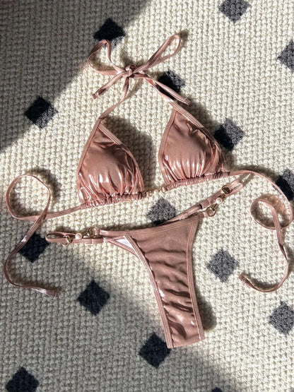 Maillot de Bain 2 Pièces Femme – Effet Cuir PU, Push-Up et String
