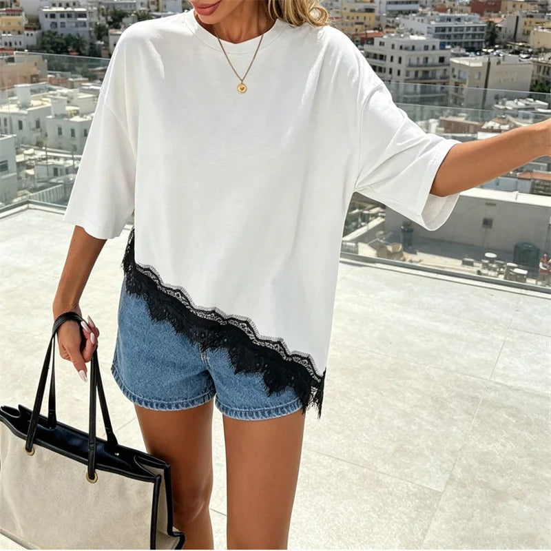 T-shirt Décontracté Femme – Col Rond et Ourlet Dentelle