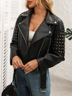 Veste courte en similicuir noir à rivets pour femmes