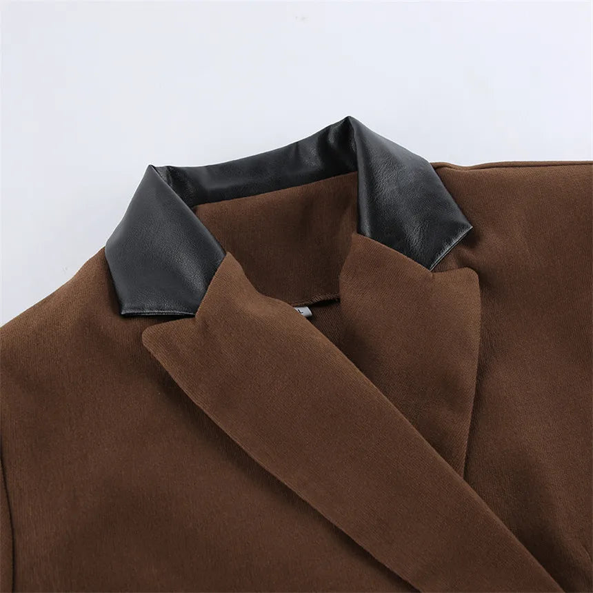 Ensemble 2 pièces rétro Blazer court en patchwork à col en cuir + Mini-jupe portefeuille pour femmes