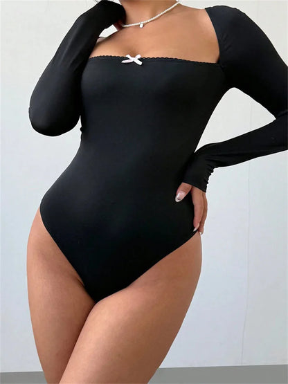 Body Femme Noir à Col Carré et Détail Noué