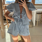 Ensembles chemisier à manches bouffantes et short vintage à carreaux pour femmes