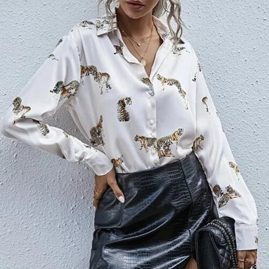 Chemise en soie à manches longues imprimée pour femmes
