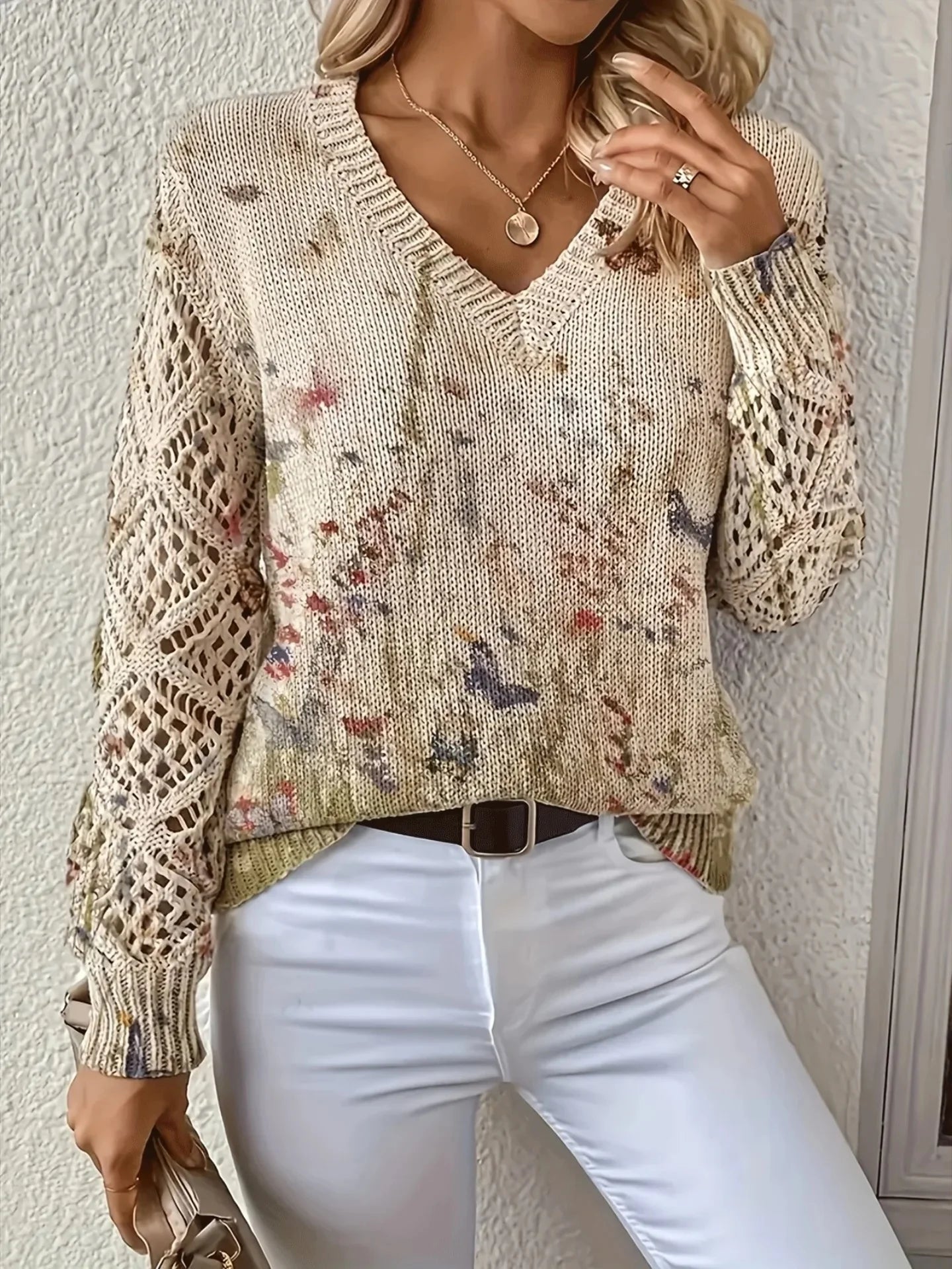 Pull à manches longues et col en v pour femmes