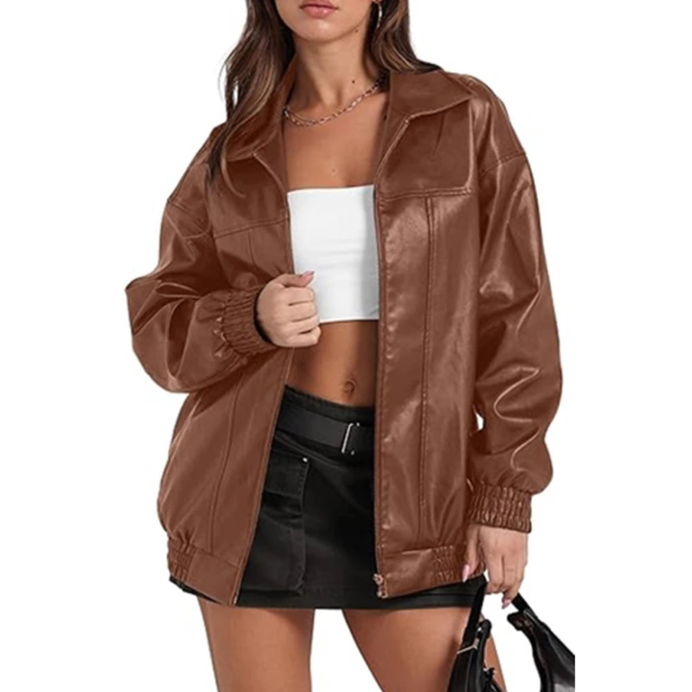 Vestes en Faux cuir Pu à fermeture éclair pour femmes