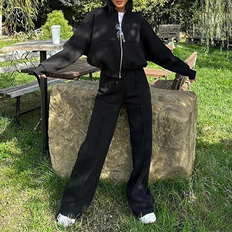 Ensemble cardigan court ample à fermeture éclair + pantalon de survêtement à cordon de serrage pour femmes