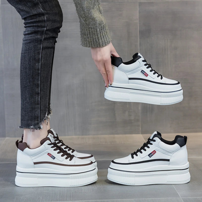 Baskets compensées en cuir véritable pour femmes