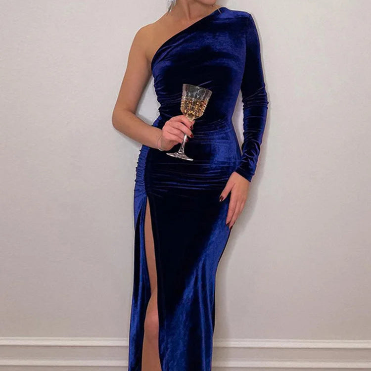 Robe mi-longue crayon et fendue en velours et manches longues pour femmes