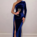 Robe mi-longue crayon et fendue en velours et manches longues pour femmes