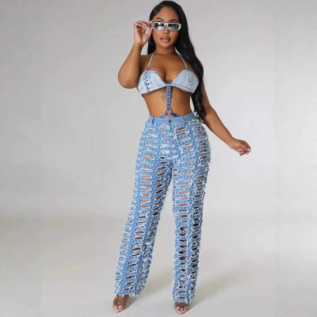 Pantalon en jean à jambes larges pour femmes