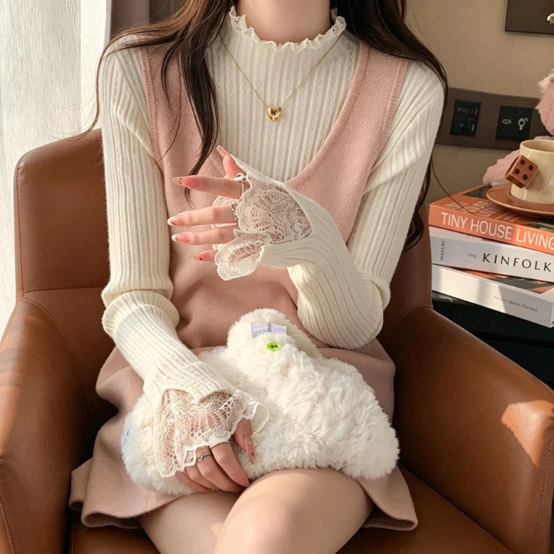 Pull Effet Deux Pièces Femme – Dentelle, Col Roulé et Volants