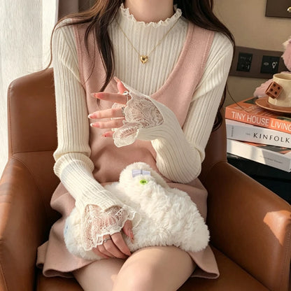 Pull Effet Deux Pièces Femme – Dentelle, Col Roulé et Volants