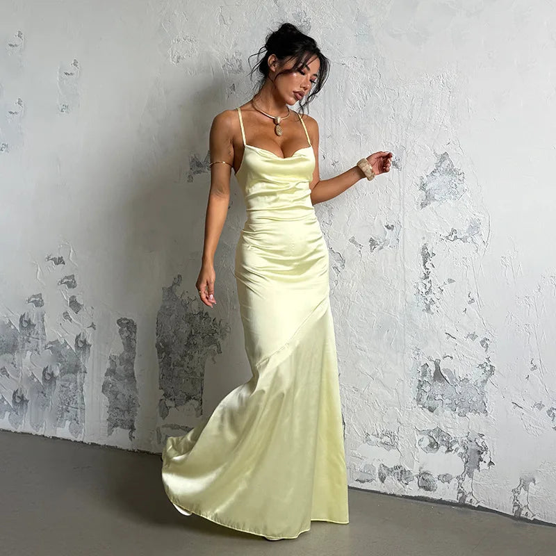 Robe longue moulante sexy dos nu à fines bretelles et lacets taille haute pour ,femmes