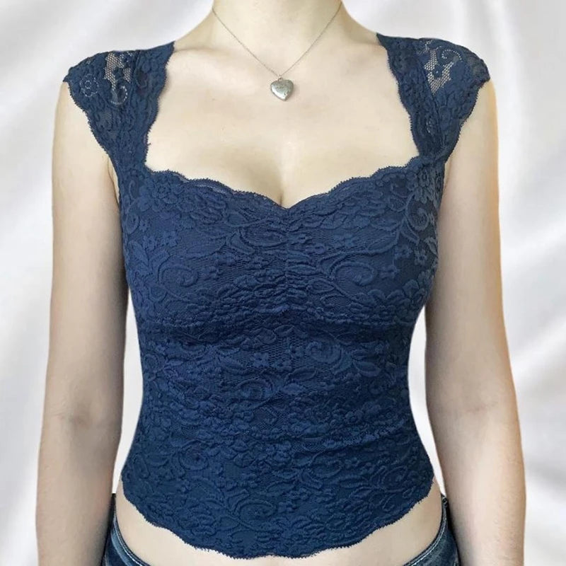 Débardeur court en dentelle florale bleue pour femmes
