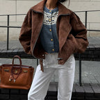 Veste courte ample marron vintage à revers asymétriques pour femmes