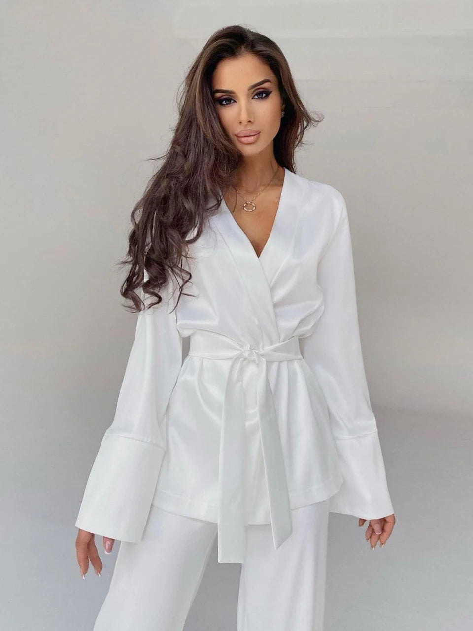 Pyjama en Satin, de couleur unie pour femmes