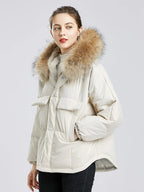 Manteau courte à capuche en fourrure de raton laveur véritable pour femmes