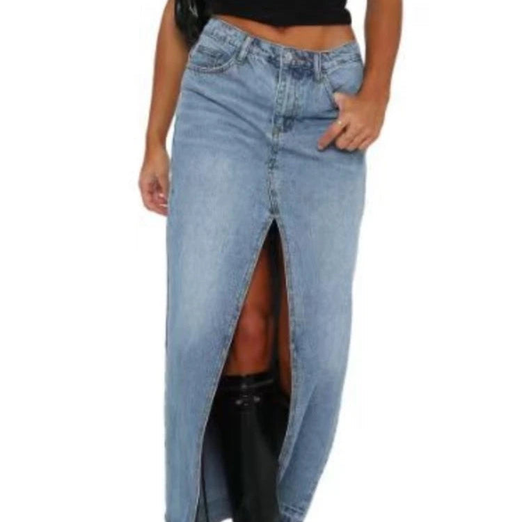 Jupe longues en jean fendue taille haute pour femmes