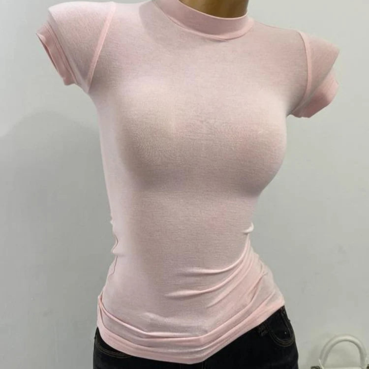 T-shirt à col mi-haut transparent à manches courtes pour femmes