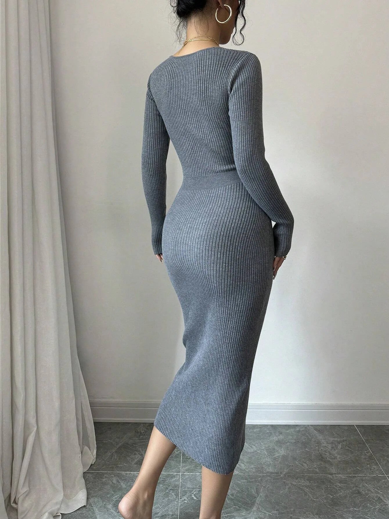 Robe pull en tricot côtelé gris pour femmes