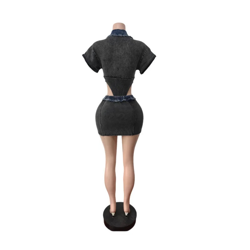 Ensemble 2 pièces body à manches courtes et col rabattu + jupes mi-longues moulantes pour femmes