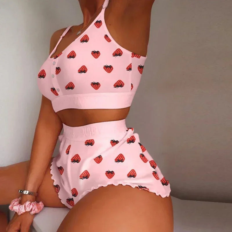 Pyjama Fraises Femme – Haut Court en Dentelle et Short