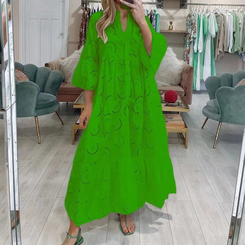 Robe longue en dentelle Jacquard brodée blanche au Crochet pour femmes