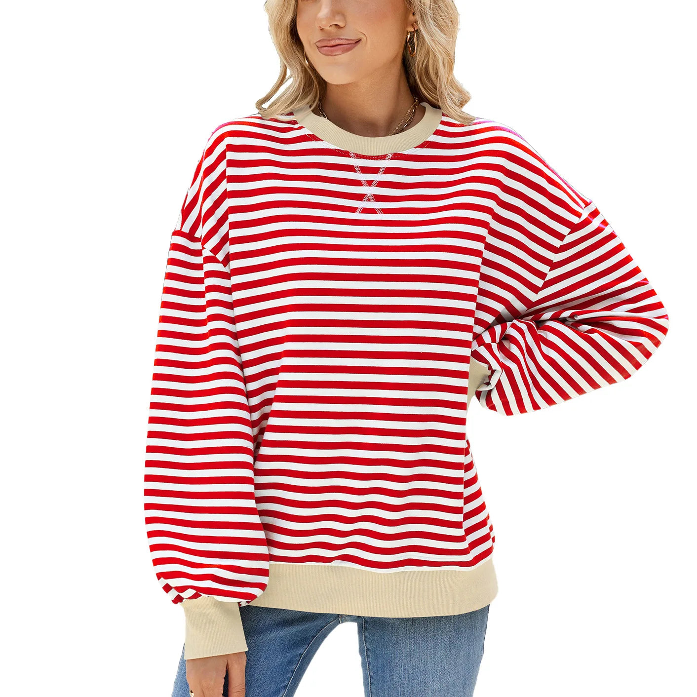 T-shirt à manches longue décontracté ample rayé pour femmes