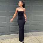 Robe longue dos nu en satin sans manches pour femmes