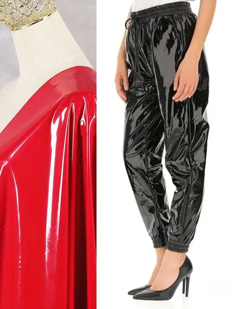 Pantalon Cargo en Similicuir Brillant à Taille Élastique