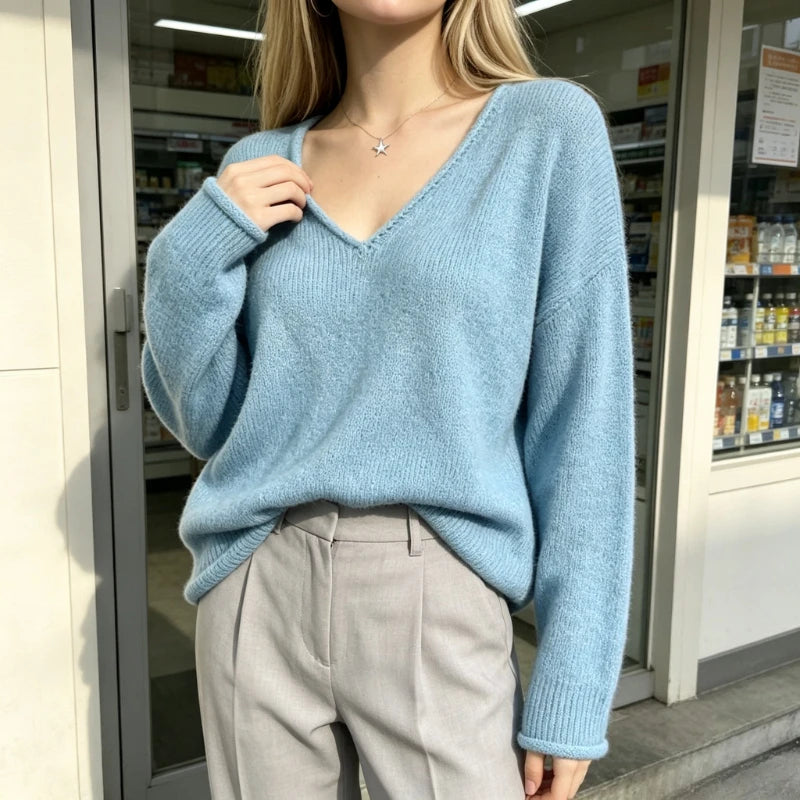 Pull Bleu Femme – Maille, Col V et Volants