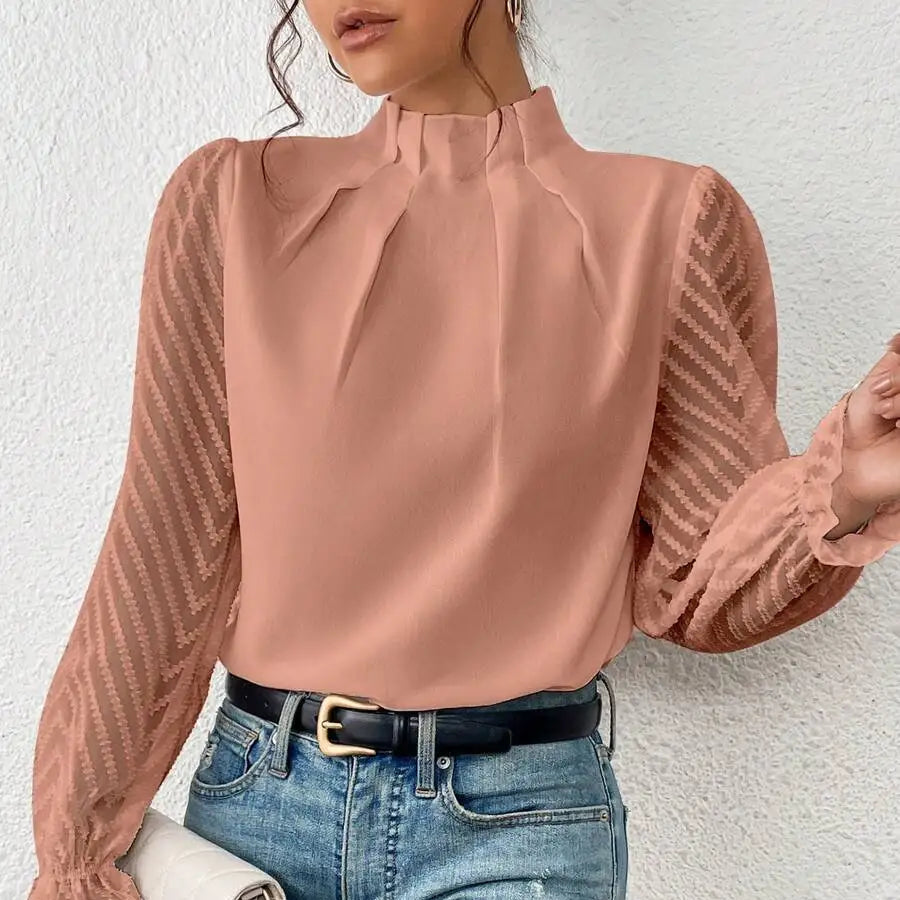 Chemise en dentelle plissée et manches longues pour femmes