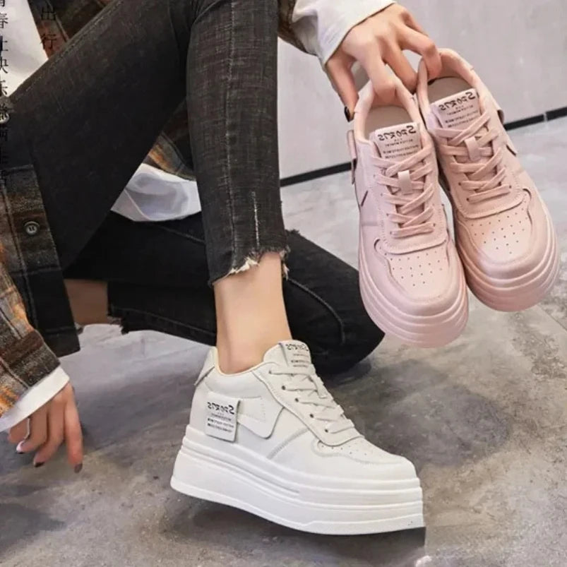 Baskets compensées à plateforme en cuir véritable pour femmes