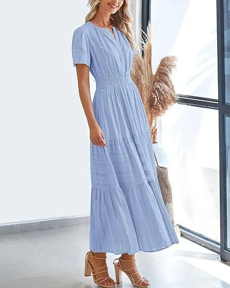 Robe longue plissée élégante style français à col en V pour femmes