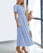 Robe longue plissée élégante style français à col en V pour femmes