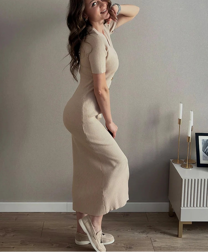 Robe Longue d’Été Femme – Maille, Col V et Boutons