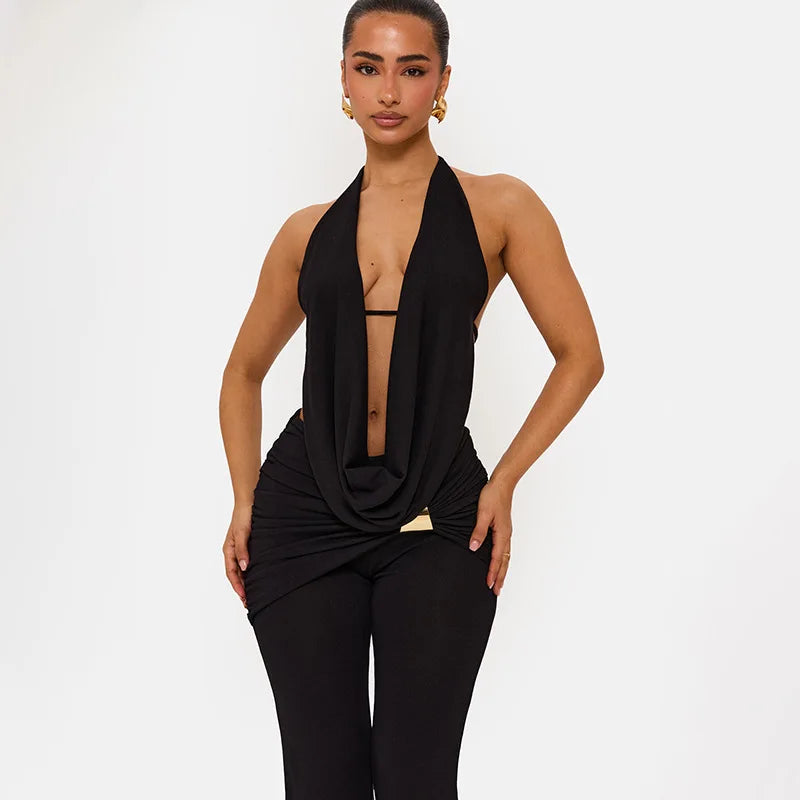 Ensemble 2 pièces haut dos nu sans manches et pantalon évasé froncé pour femmes