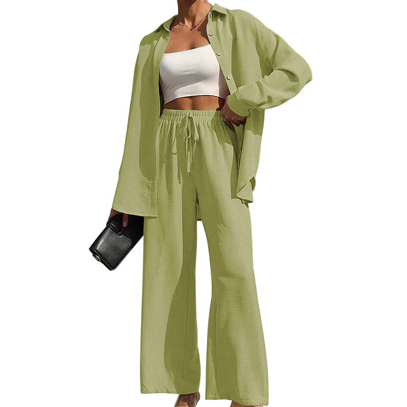 Ensemble deux pièces chemise boutonnée unie et pantalon large à nouer sur le devant pour femmes