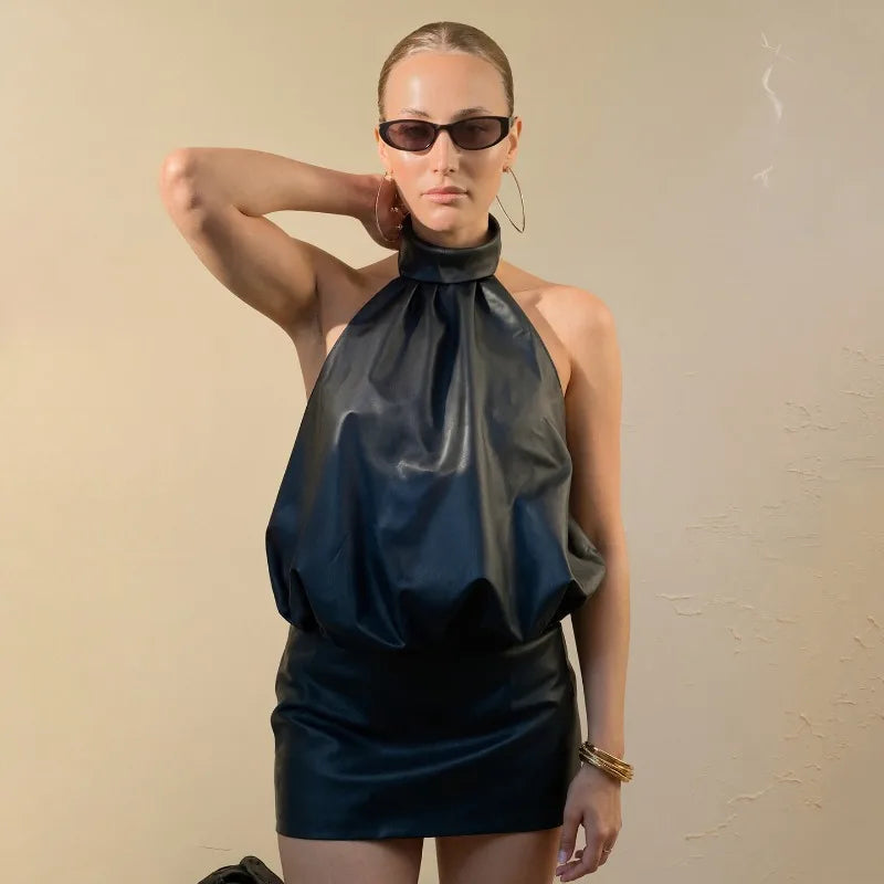 Robe dos nu sexy en similicuir style années 2000 pour femmes