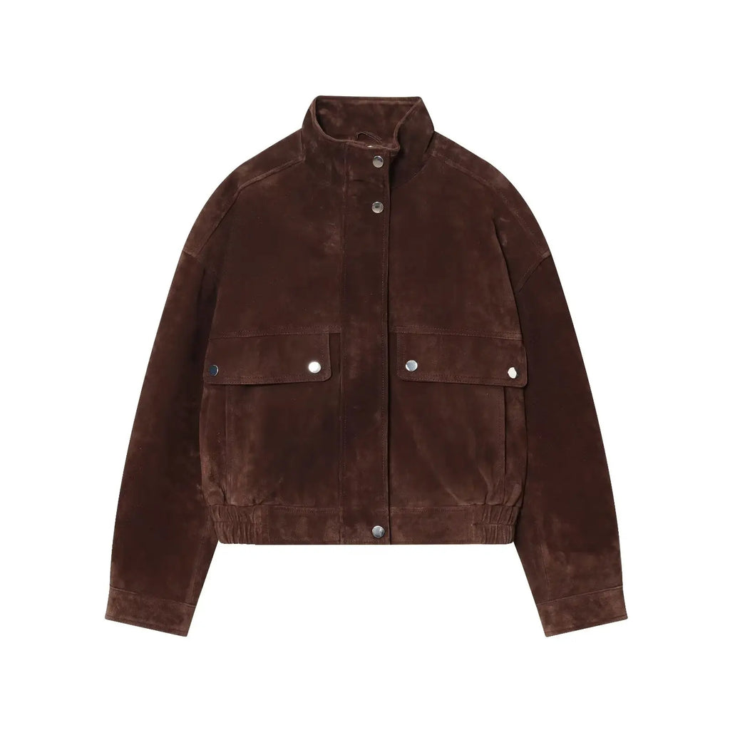 Veste en faux daim à col montant et manches longues pour femmes