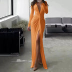 Robe de soirée fendue à col en V profond pour femmes