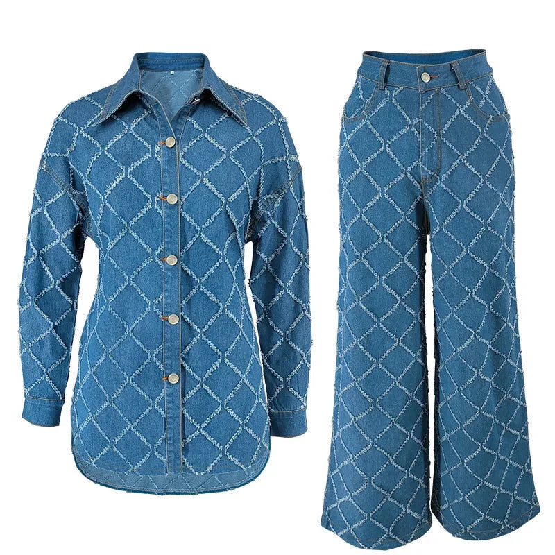Ensemble 2 pièces chemise en jean à manches longues et pantalon large pour femmes