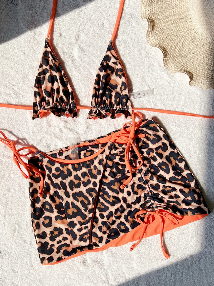 Maillot de bain 3 pièces réversible à volants pour femmes