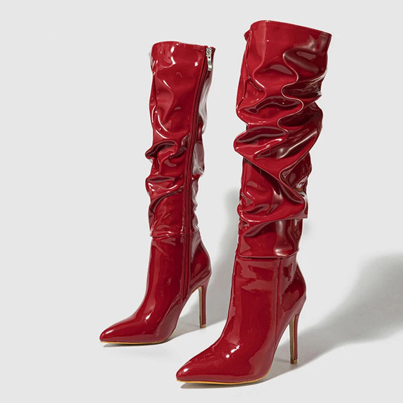 Bottes hautes en cuir verni plissé pour femmes