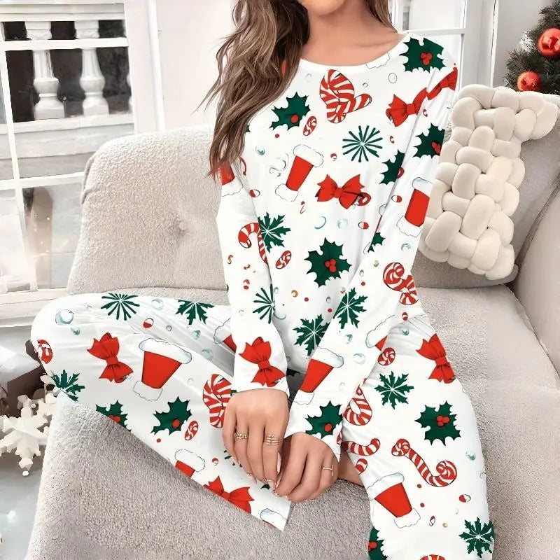 Pyjama de Noël Fleuri Femme – Haut Manches Longues et Pantalon