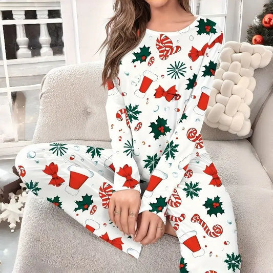 Pyjama de Noël Fleuri Femme – Haut Manches Longues et Pantalon