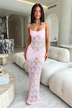 Robe longue sexy en dentelle à fines bretelles pour femmes