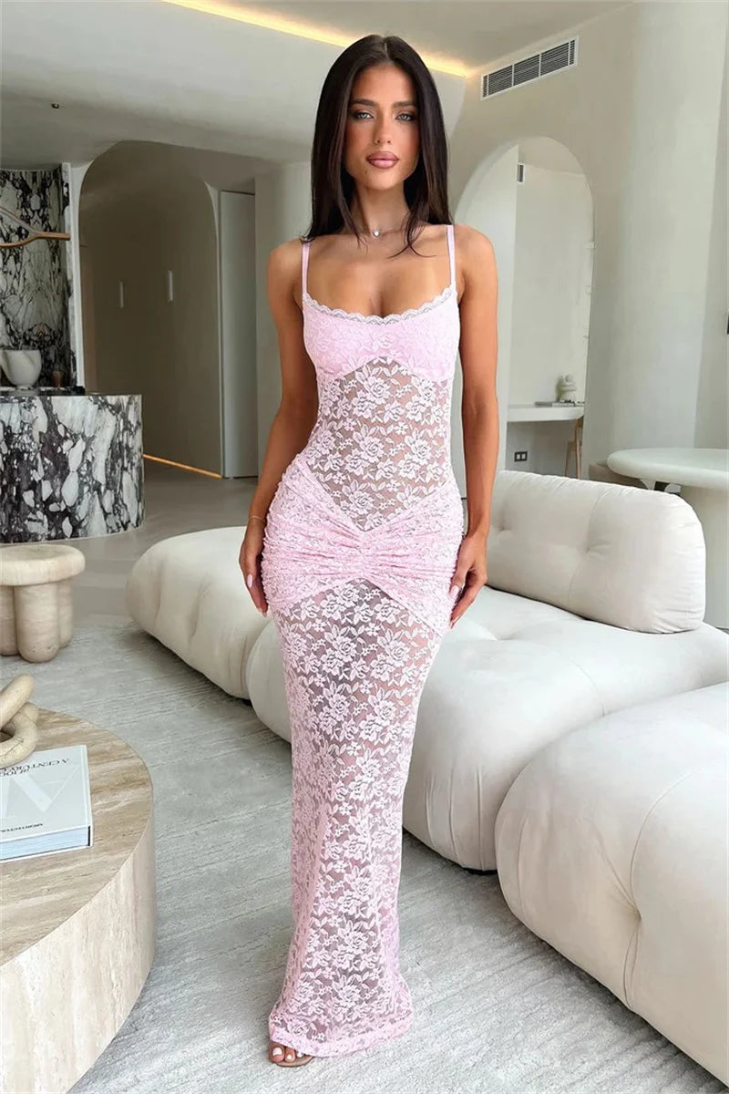 Robe longue sexy en dentelle à fines bretelles pour femmes