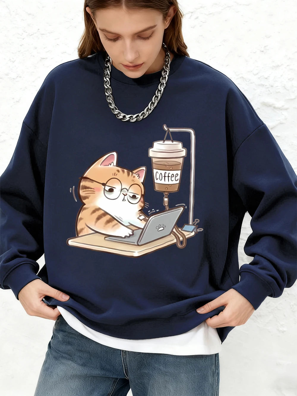 Sweat-shirt imprimé « Chats au travail avec du café » pour femmes